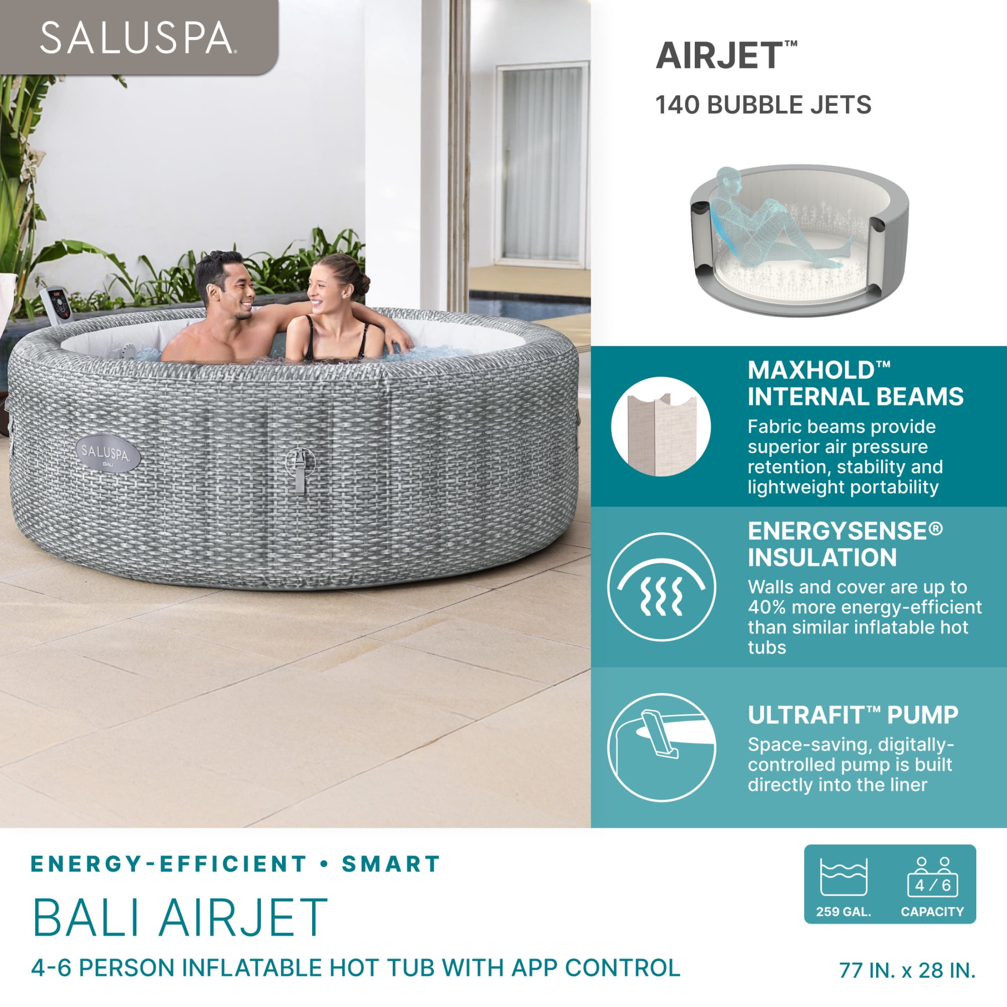 Bestway SaluSpa Bali 4-6 Person Inflatable Hot Tub, Round Energy-Efficient Spa, 77"x28"