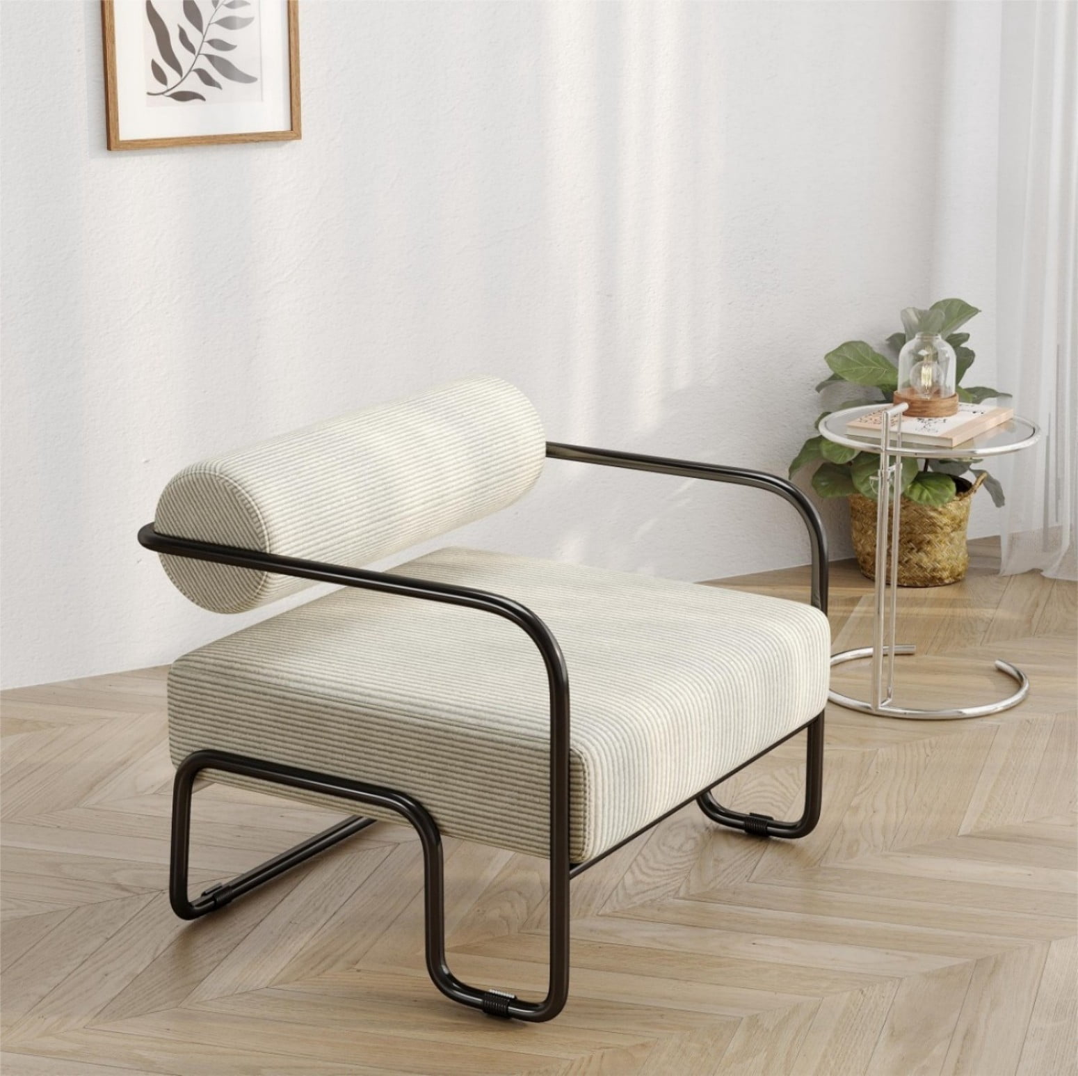 Living Room Iron Accent Chair, Corduroy Upholstered Lazy Leisure Chair with Curved Ergonomic Seat & Armrests, Sturdy Metal Frame Reading Chair for Balcony, Bedroom, Apartment, Beige