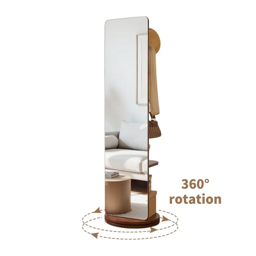 360° Rotatable Full Length Mirror with Coat Rack, 70"x19" Solid Wood Freestanding Body Mirror with Hooks & Storage Shelf, Standing Floor Mirror for Bedroom, Entryway, Living Room, Walnut