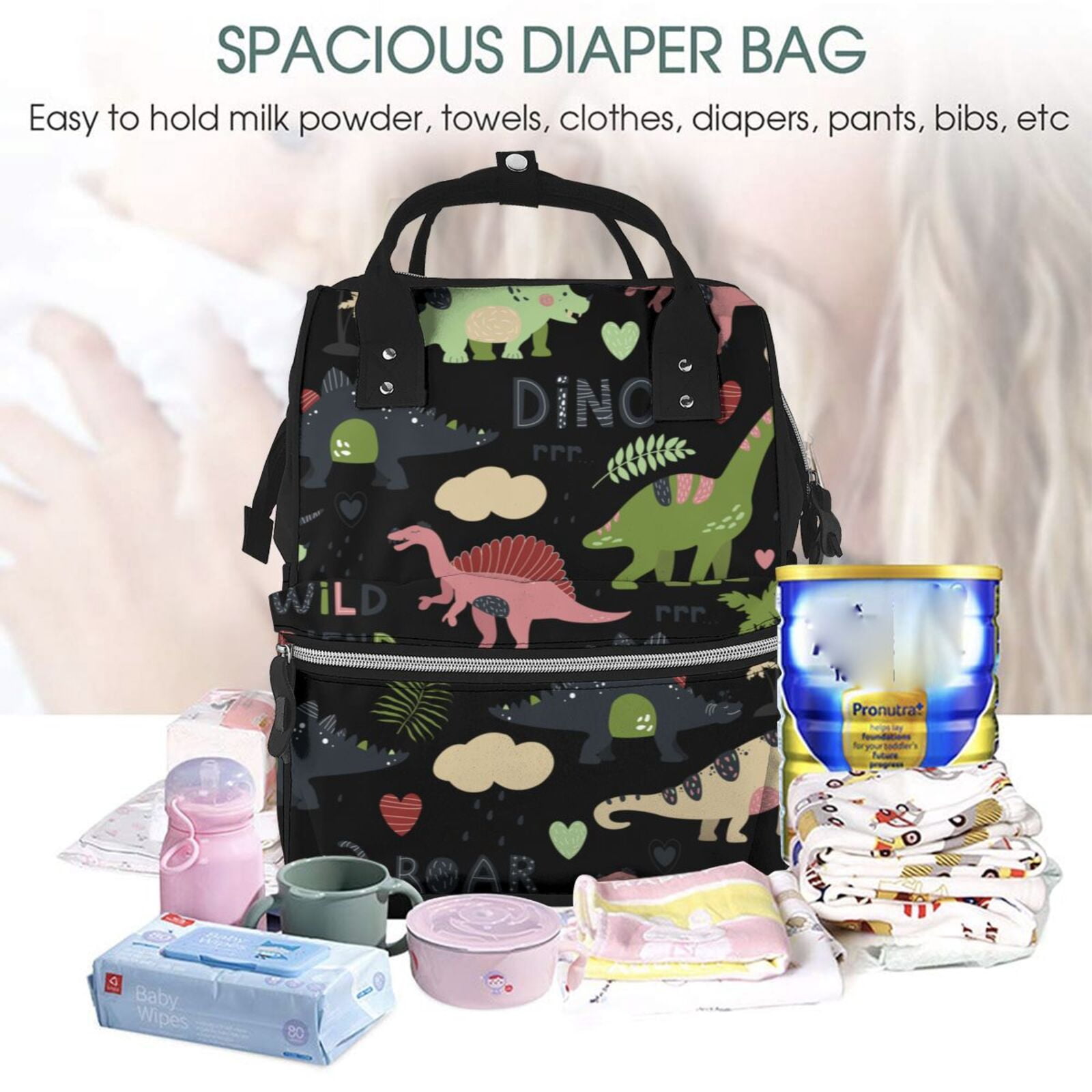 Xecao Cute Dinosaurs print Large Capacity Nappy Bag is a multi-functional waterproof travel backpack, perfect as a nursing bag or mummy backpack for women