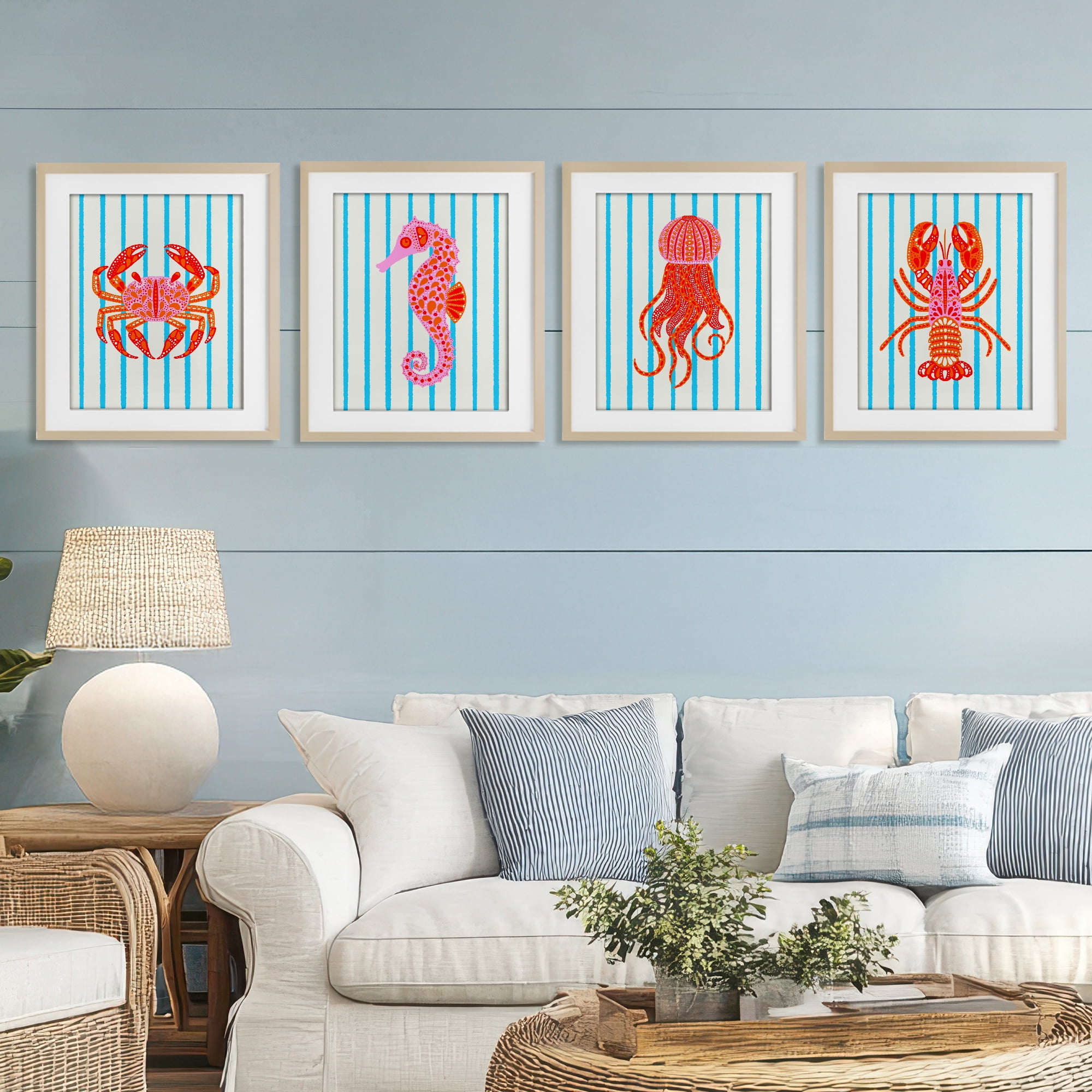 Stupell Industries Bright Sea Creatures on Stripes 4 Piece Birch Framed Print Under Glass Set, design by Indira Prieto | IndySign