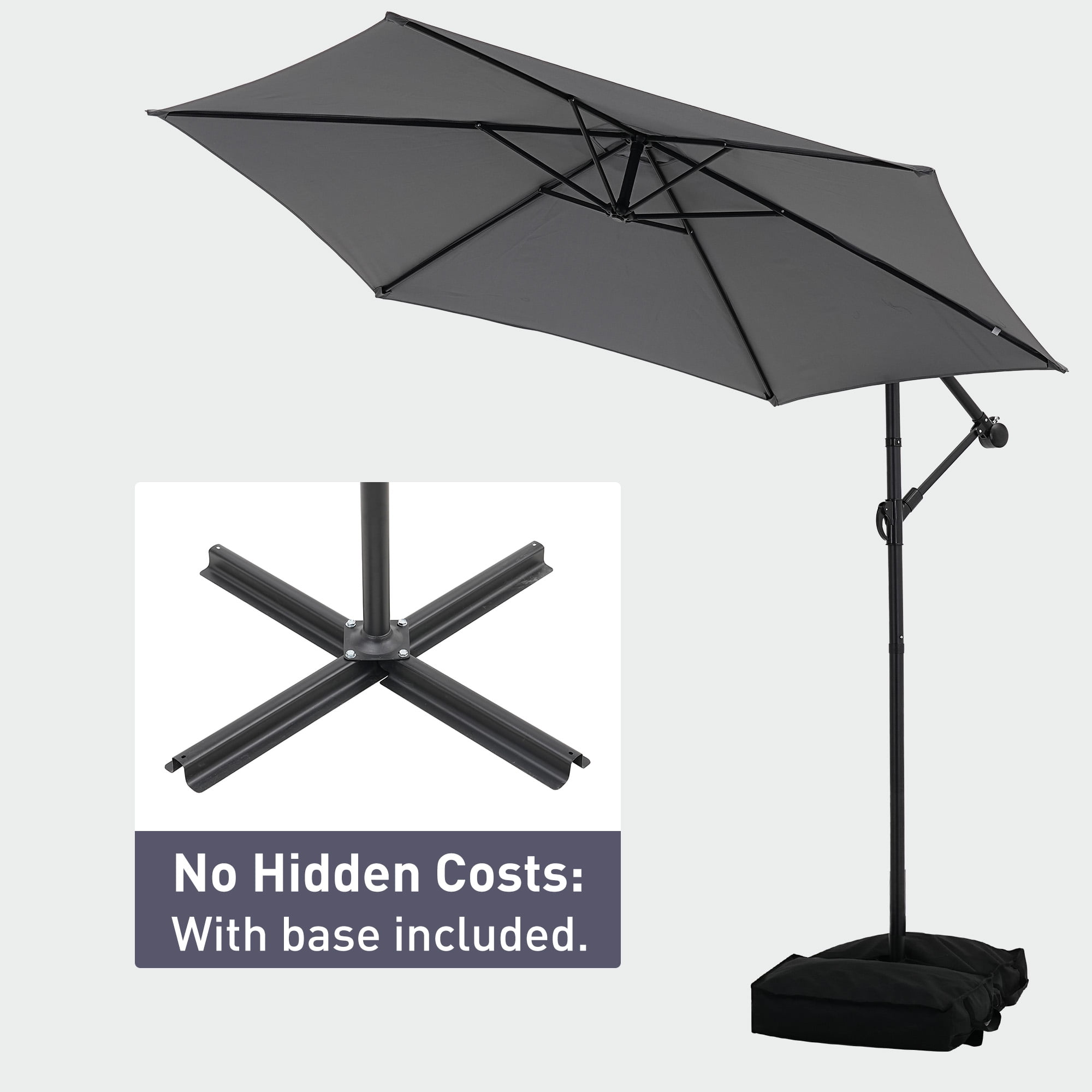 Ainfox 10ft Cantilever Offset Patio Umbrella with Sandbags Weighted Base and Cross Base - Outdoor Market Umbrella, Easy Tilt Adjustment,Grey