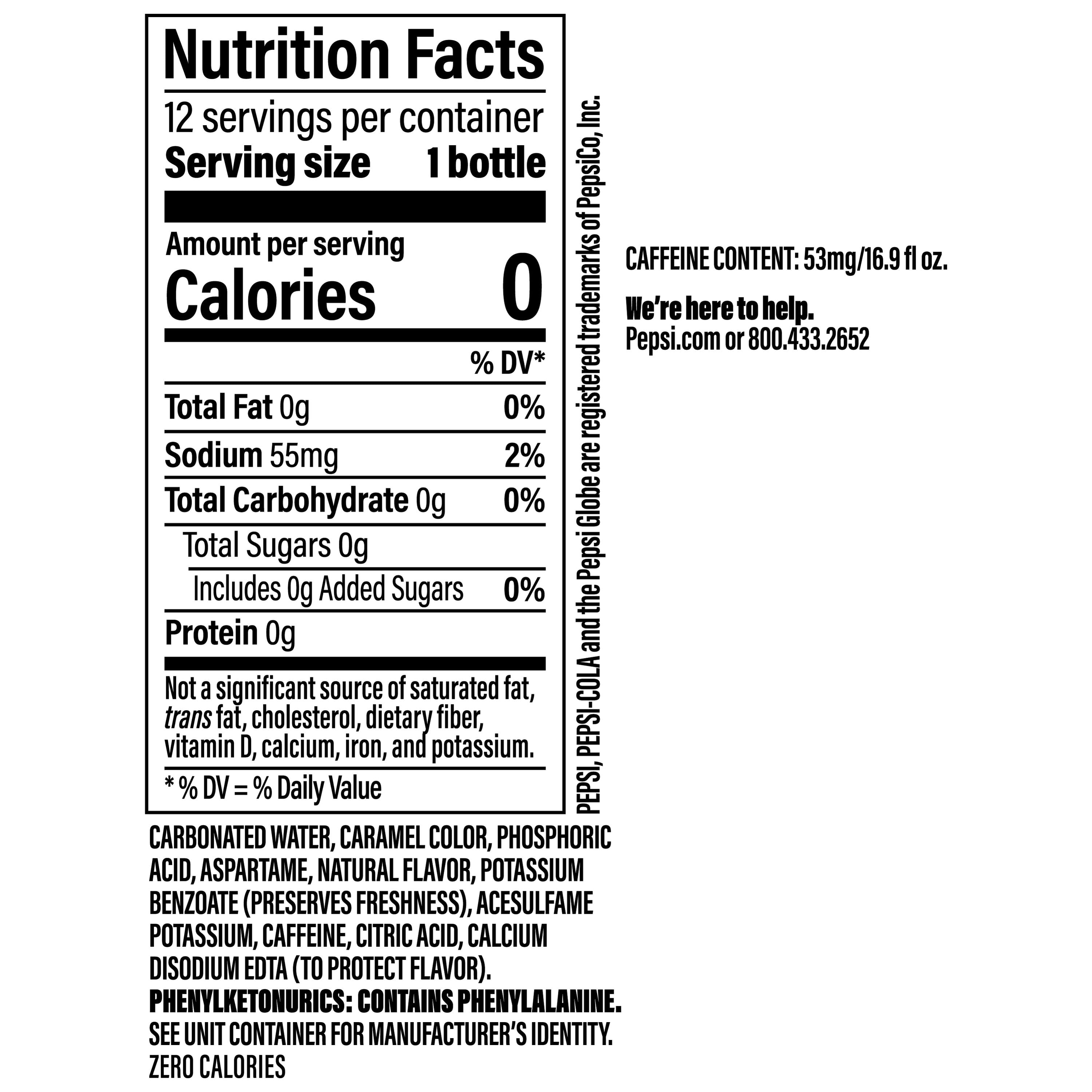 Pepsi Cola Zero Sugar Soda Pop, 16.9 fl oz, 12 Pack Bottles