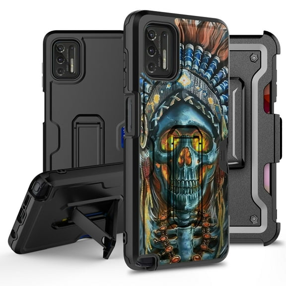 ANJ  Rugged Hybrid Shockproof Case w/Kickstand   Holster Clip Card Slot Cover for Motorola Moto G Stylus (2021 Release) - Skull Chief 2