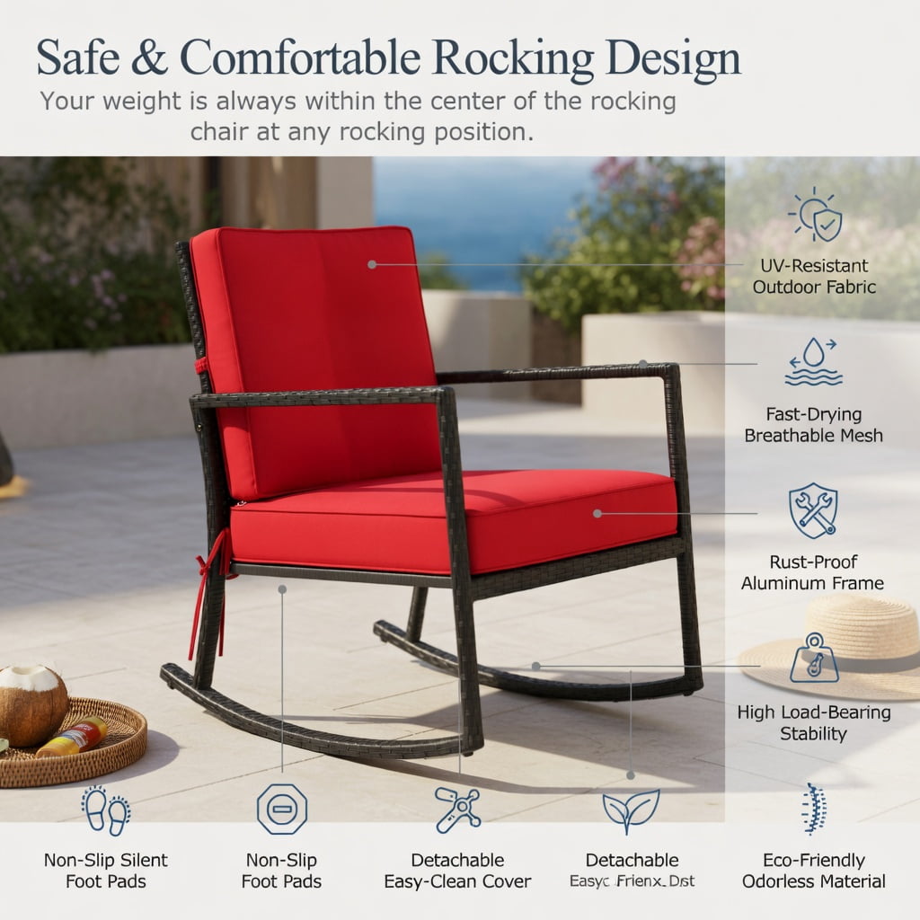 Hommoo Outdoor Rattan Rocking Chair with Thick Cushions, PE Wicker Glider for Patio, Backyard & Deck, Rustic Style, Weather-Resistant, Red