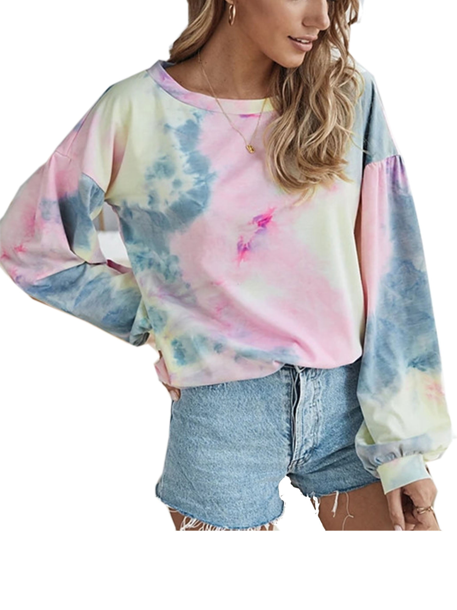 Fudule Womens Pullover Shirts Cute Tie Dyed Print Long Sleeve Tunic Shirts Oversized Sweatshirt Pockets Pullover Jumper