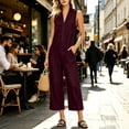 thumbnail image 6 of Capri Jumpsuits for Women Zipper Front Sleeveless Casual Rompers Wide Leg Collared One Piece Jumpsuit Wine, L, 6 of 6