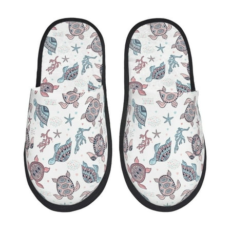 

Honeii Tribal Style Turtle print Slippers Memory Foam House Bedroom Slippers for Women and Men Fuzzy Plush Comfy Faux Fur Lined Slide Shoes-Medium