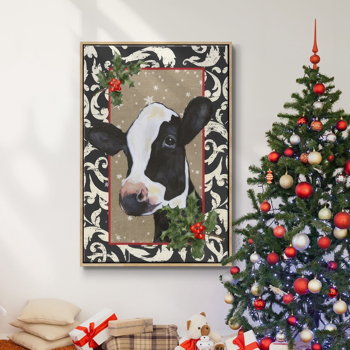 County Christmas Farm I - Framed Gallery Wrapped Holiday Canvas - 25 x 37 - Natural Wood Frame