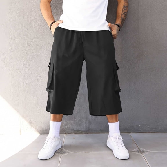 SOOMLON Mens Cargo Capri Pants Big and Tall Elastic Waist Half Pants Loose Outdoor Pants Trendy Weekend Clothes