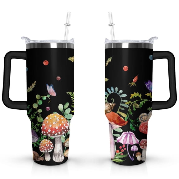 40oz Colorful Botanical Mushroom Stainless Steel Flip Straw Tumbler Spill Proof Travel Cup Double Wall Vacuum Insulated Coffee Mug with Top Handle