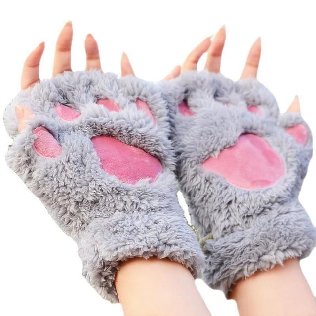 Lindo gato gatito pata felpa piel sintética guantes sin dedos para niñas y mujeres (gris)