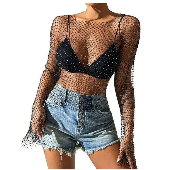 Pompotops Women's Spring And Summer Mesh Hollow Out Long Sleeved Rhinestone Top On Sale
