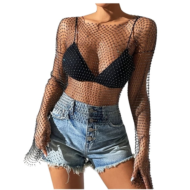 Pompotops Women's Spring And Summer Mesh Hollow Out Long Sleeved Rhinestone Top On Sale