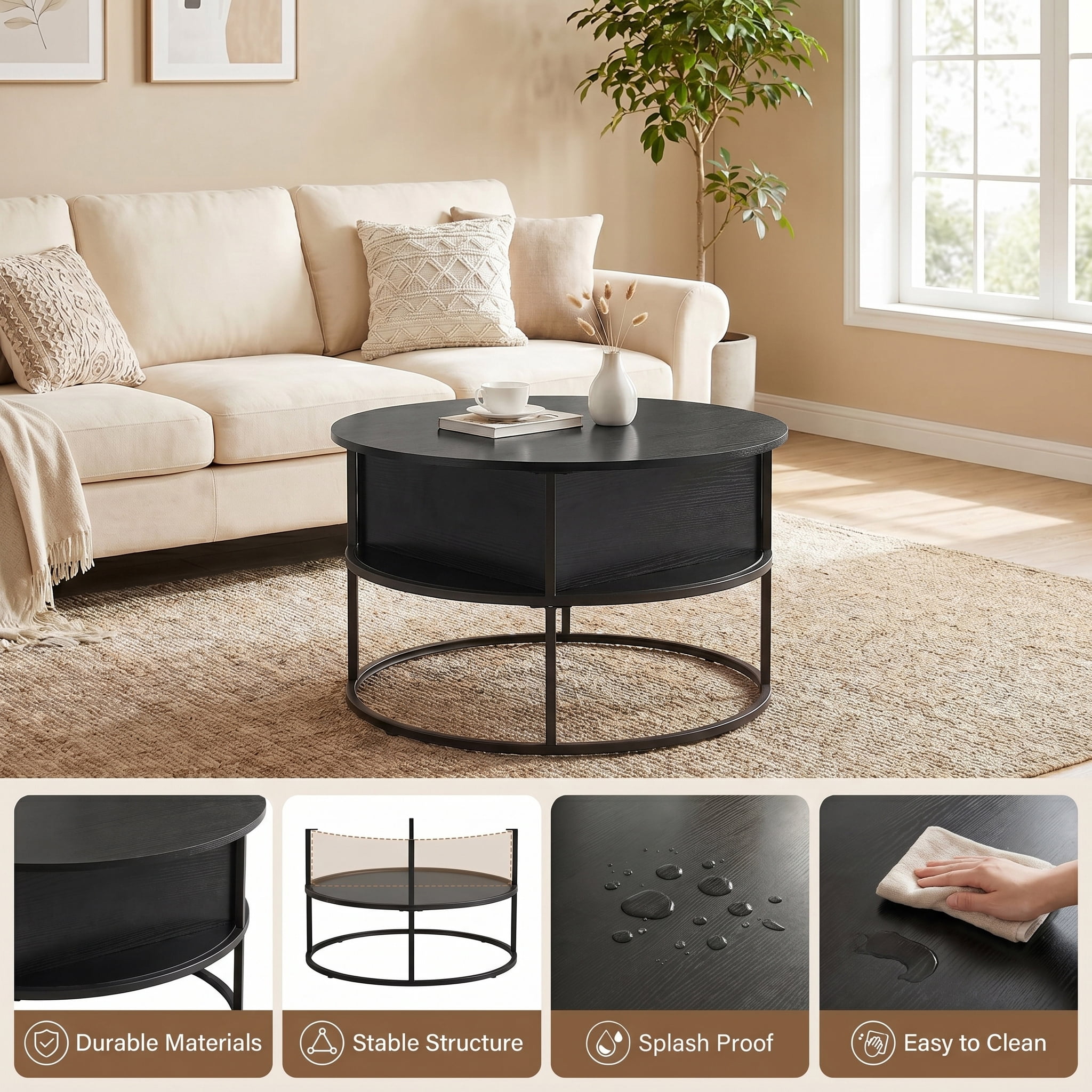 BEAUTYPEAK 32" Round Lift Top Coffee Table with Hidden Storage Circle Living Room Center Table, Black