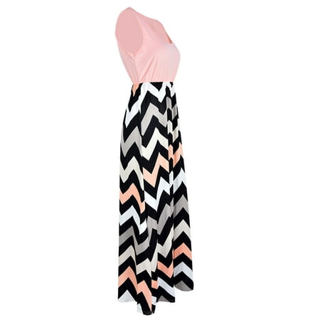 Plus Size Womens Long Maxi Dresses Wave Striped Sleeveless Casual Loose Summer Beach Sundress Party Cocktail