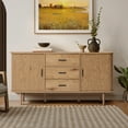 thumbnail image 2 of LuxenHome Oak Finish MDF Wood 3-Drawer Sideboard Cabinet with Sliding Doors & Rounded Corners, 2 of 12