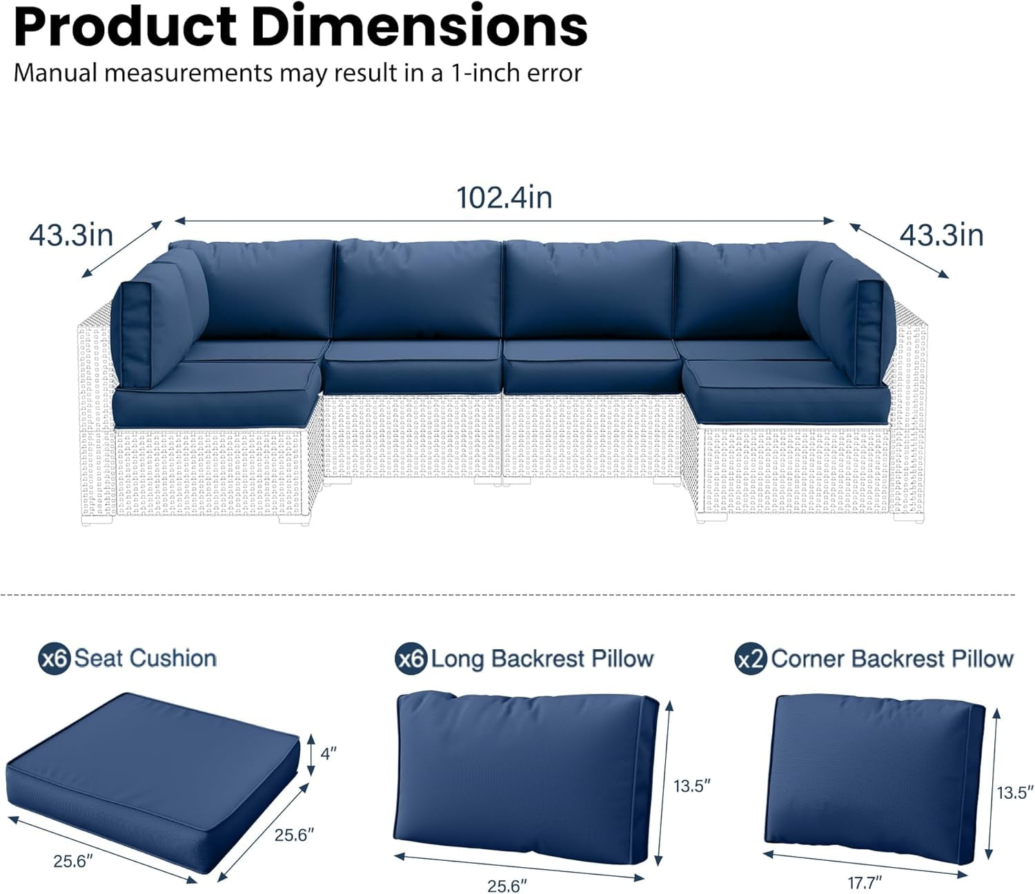 UDPATIO Outdoor Replacement Cushions for Patio Furniture, Waterproof Patio Cushions for 6-Seat Sectional Patio Conversation Sets, 14-Piece Outdoor Cushion Slipcovers Patio Sofa Cushions (Navy Blue)