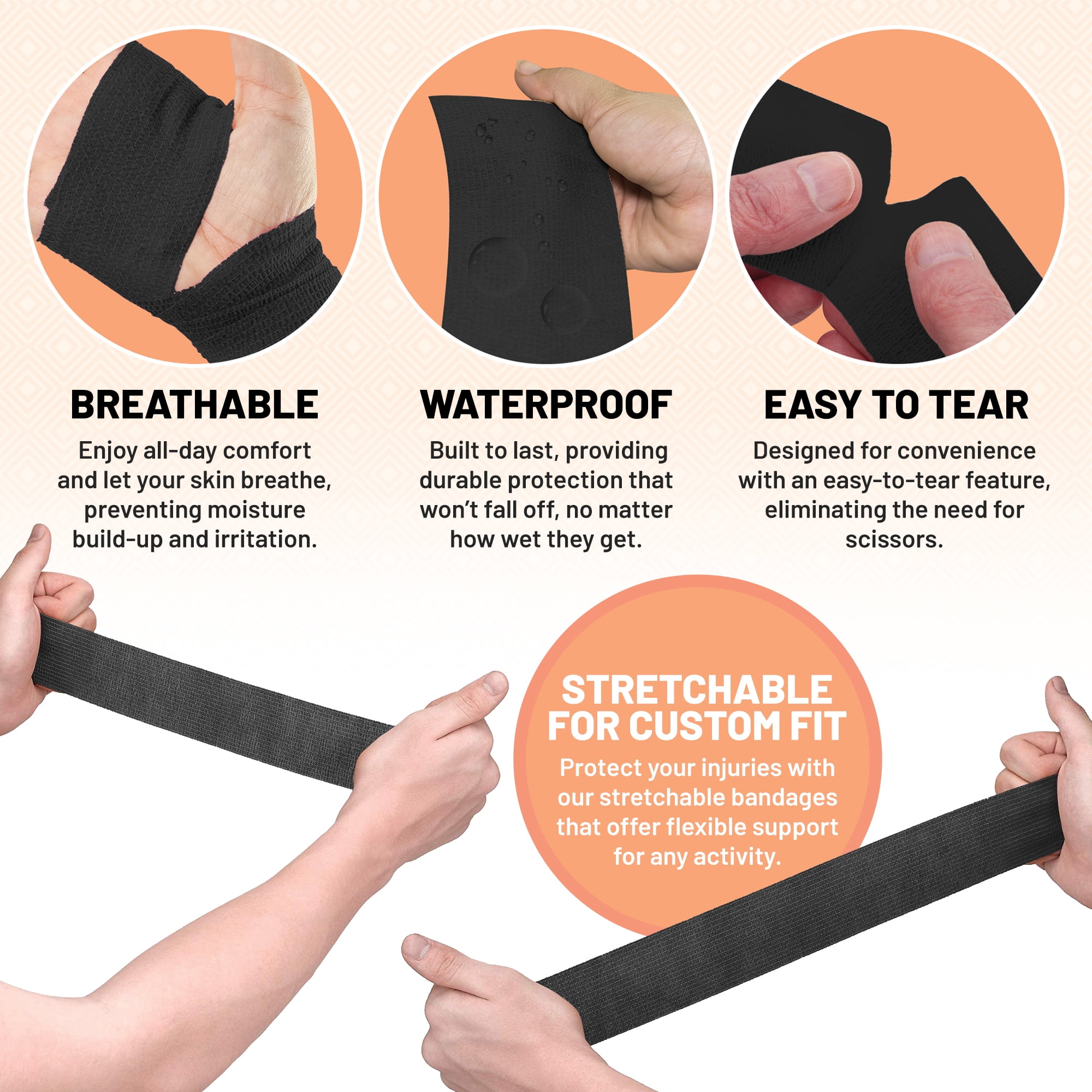 MEDca Self-Adhesive Cohesive Sports Bandage, 2" x 5 Yards, Black, 12 Pack