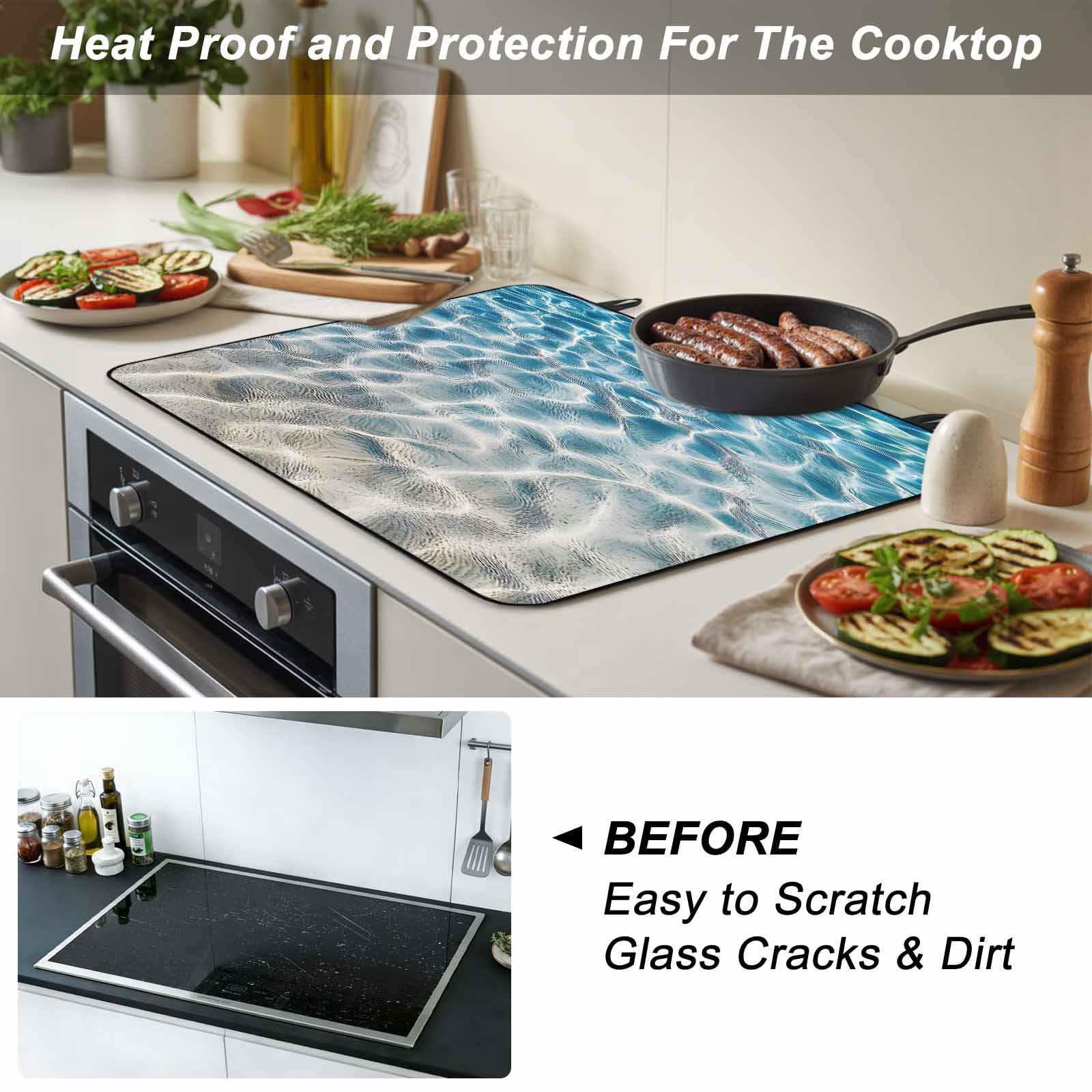 Blue Ocean Stove Top Cover for Electric Stove, Heat-proof & Non Slip Glass Top Stove Cover Protector, Summer Water Ripple Sea Waves Texture Kitchen Flat Cooktop Rubber Mat 24x21 Inches