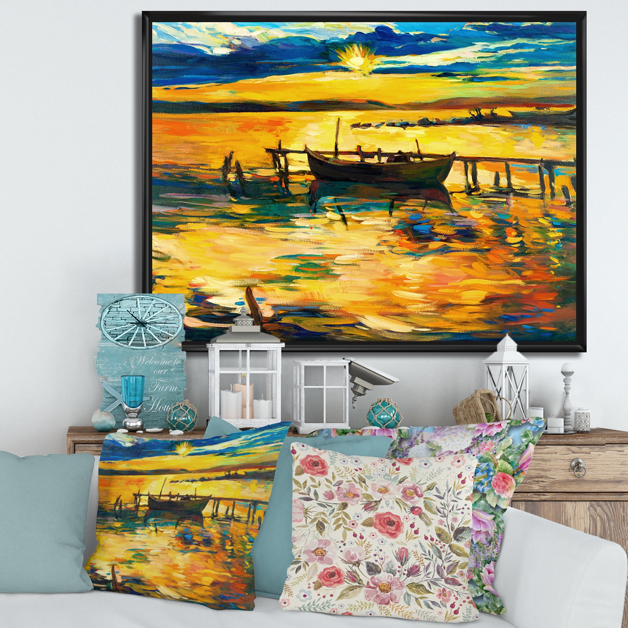 Designart 'Boat At The Lake During Evening Glow VI' Nautical & Coastal Framed Canvas Wall Art Print
