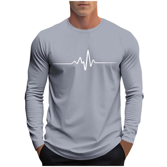 Cmfcve Mens Fall Layering Tops Plus Size Crew Neck Long Sleeve Tee Shirts Heartbeat Print Fall Oversized Casual Pullover