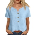 thumbnail image 5 of Women's Casual Short Sleeve V-Neck Button-Down Top - Loose Fit Linen-Blend Blouse for Summer, Everyday Wear & Vacation Light Blue XL, 5 of 6