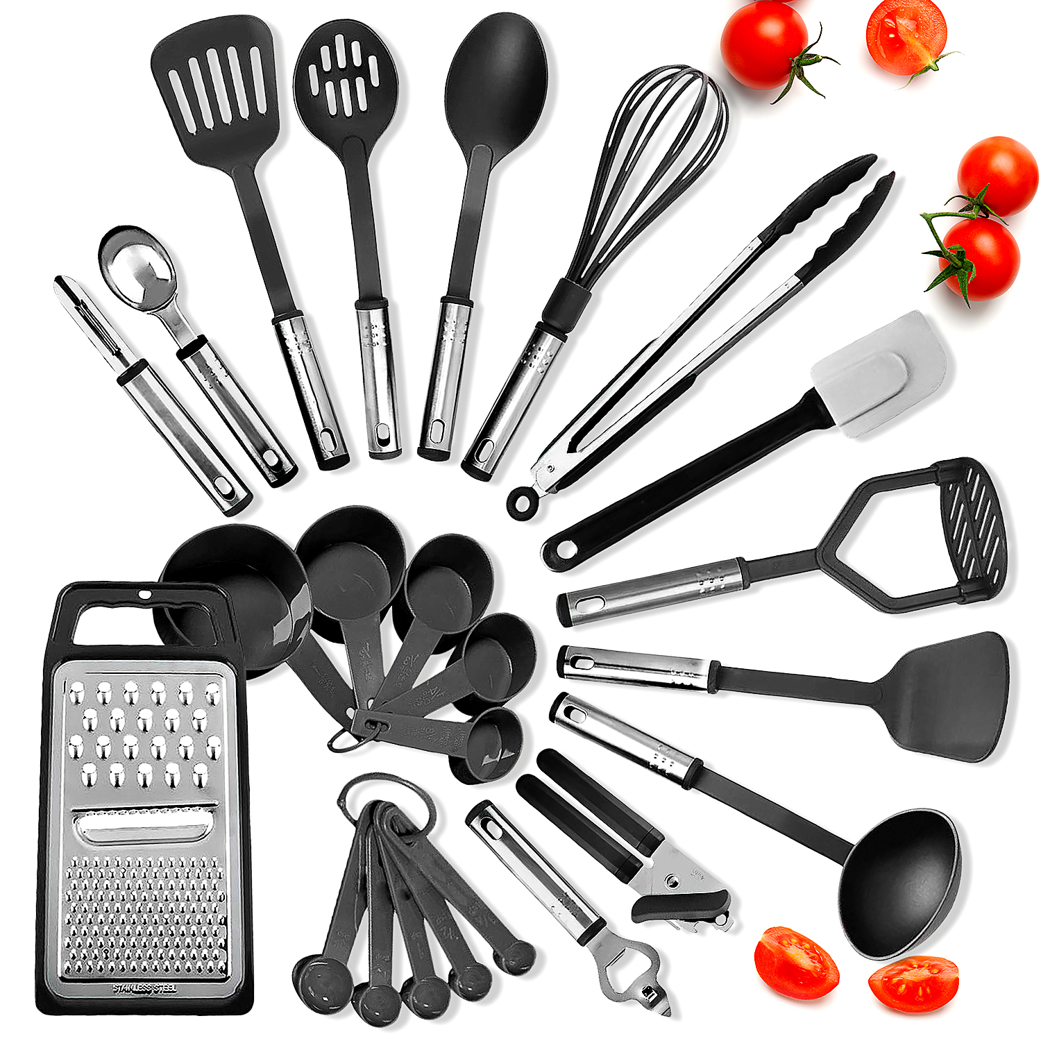 EatEx Kitchen Utensil Set 24 Nylon Stainless Steel Utensil Set, Non-Stick and Heat Resistant Cooking Utensils Set, Kitchen Tools, Black