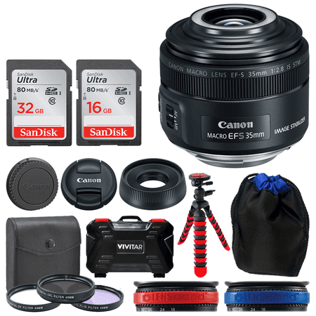 Canon EF-S 35mm f/2.8 Macro IS STM Lens + 49mm Filter Kit + 32GB Memory Card + 24 Slot Hardcase Card Holder + Lens Pouch + Flexible Tripod + Lens Band (Red) + Lens Band (Blue) - Top Value Lens (Best 24 70mm Lens)