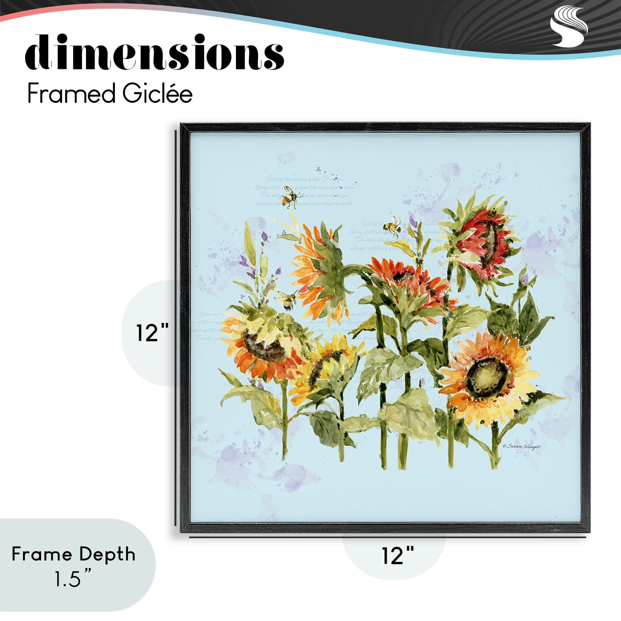 Stupell Industries Sunflowers & Bee on Blue Black Framed Giclee Art, design by Susan Winget