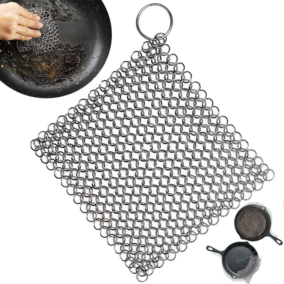 Cast Iron Cleaner, Stainless Steel Chainmail Scrubber, 4"x4" Skillet