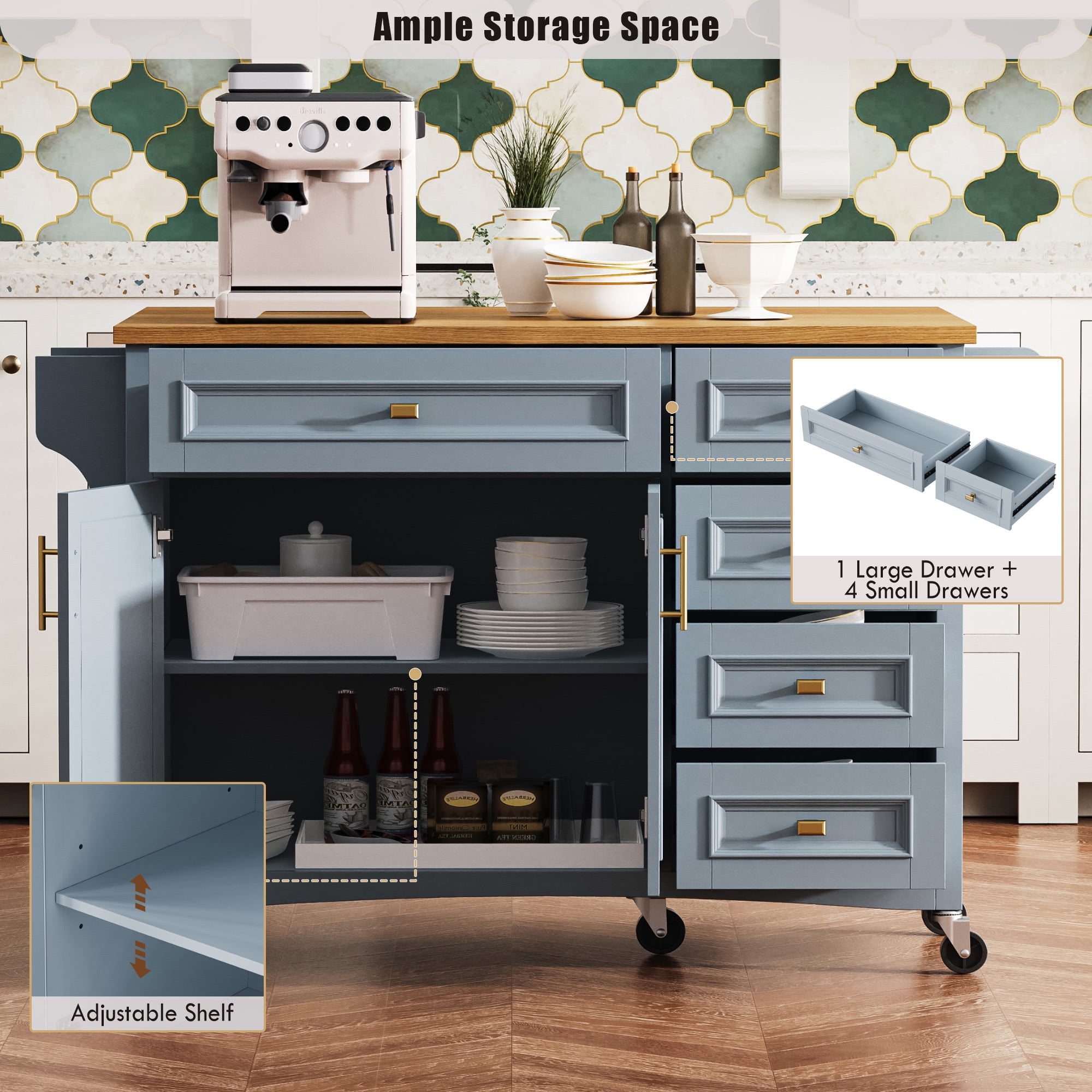 Euroco 52" Kitchen Island with Drop Leaf,Rolling Kitchen Island Cart on Wheels with Spice Rack,Towel Rack,2 Doors and 5 Drawers for Dining room,Blue