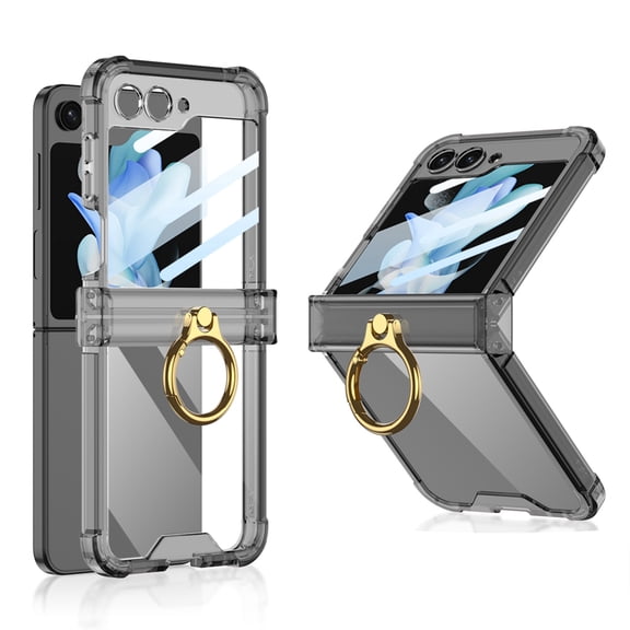for Samsung Galaxy Z Flip 5 5G Clear Case with Hinge Protection & Finger Ring Holder, Integrated Small Screen Protector, TPU Soft Frame Drop Protection Phone Case Cover for Z Flip 5, Black