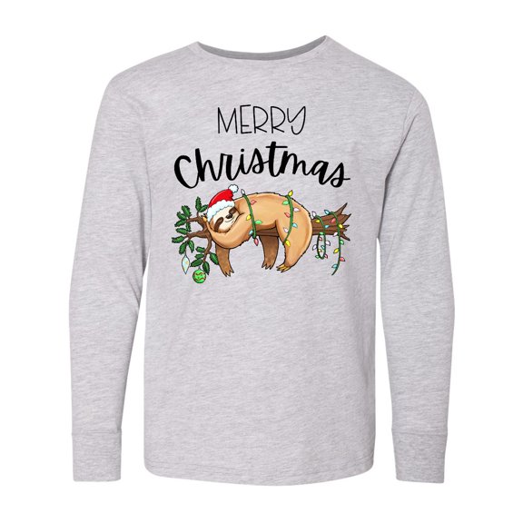 Inktastic Merry Christmas Cute Sloth with Santa Hat and Lights Long Sleeve Youth T-Shirt
