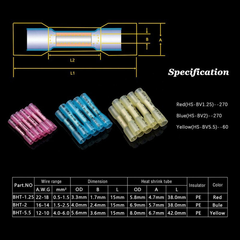 600Pcs Waterproof Heat Shrink Butt Wire Connectors Crimp Terminals 22-10 Gauge