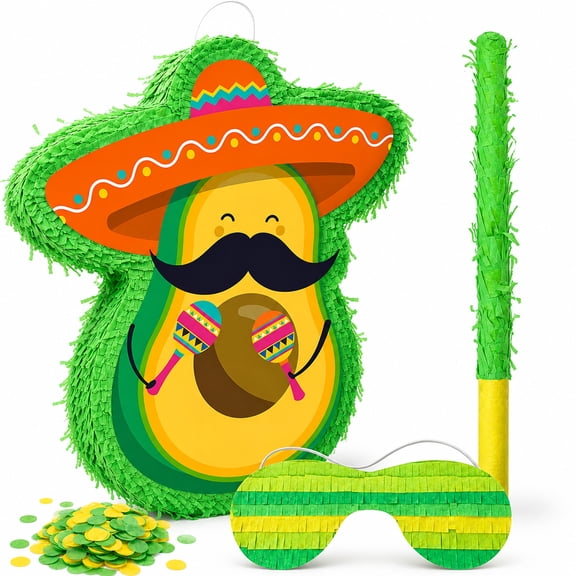 Avocado Pinata for Birthday Party, 4-in-1 Avocado Theme Pinata with Sticks Blindfold Confetti etc Mexican Festival Supplies for Kids Fruit Theme Party Game, Avocado Birthday Party