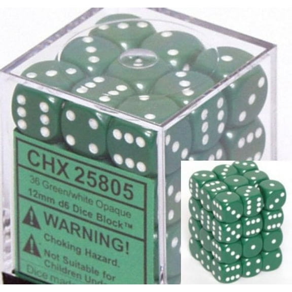 Chessex Opaque 12mm d6 Green w/White Dice Block 36 Dice