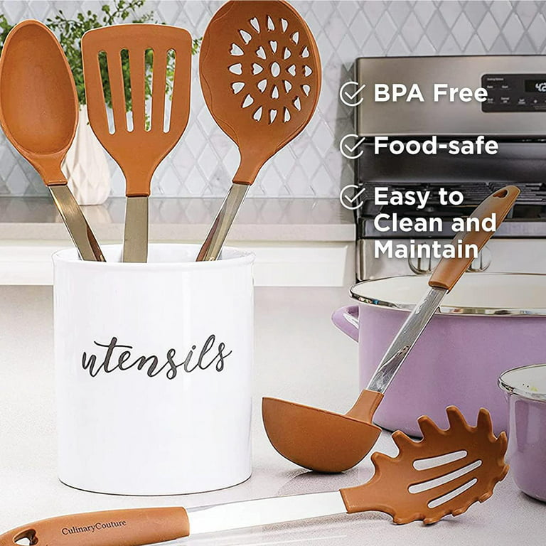 Brown Cooking Utensil Set - Stainless Steel & Silicone Heat Resistant Kitchen