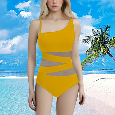 Rigardu Hot Sale!! Women s One Piece Swimsuit Slimming Tummy Control Color Block One Shoulder Mesh Bathing Suit Womens Tummy Swimsuit V Neck Bathing Suits Slimming Ruffle Swimwear Yellow L