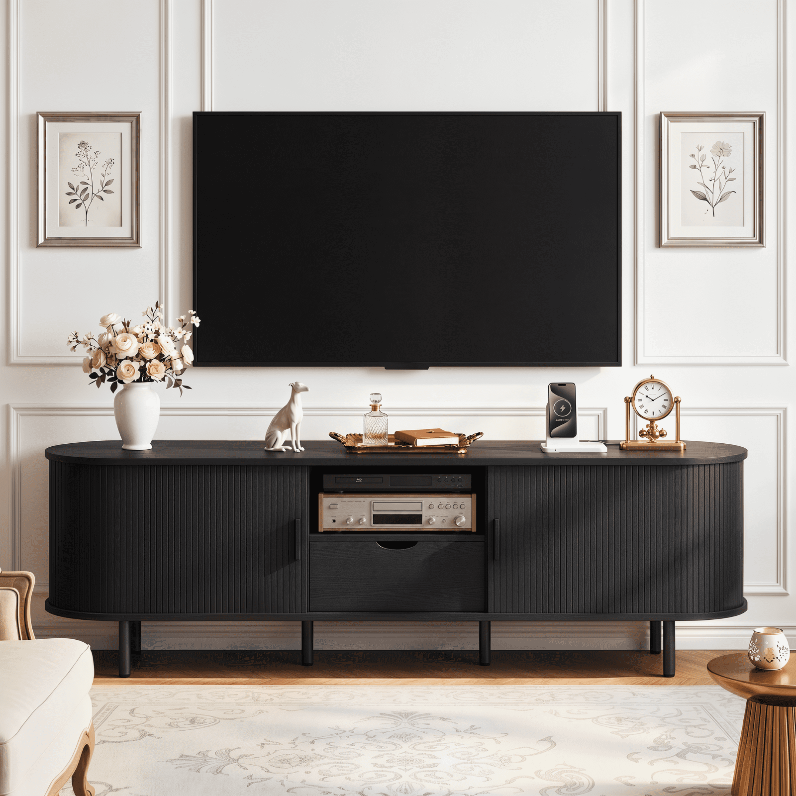 ROGALIS 69 Inch TV Stand features a built-in power outlet is Compatible with up to 80 inches TVs, Includes ample storage, drawers, adjustable shelves, and a sliding door design, black