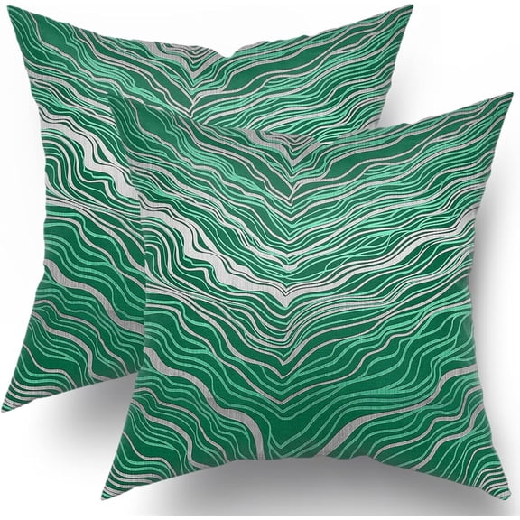 Green Teal Pillow Covers 16x16 Inch Marble Silver Abstract Striped Throw Pillow Cases Elegant Comfort Luxury Modern Decor for Home Bedroom Living Room Sofa Square Cushion Cover, Set of 2