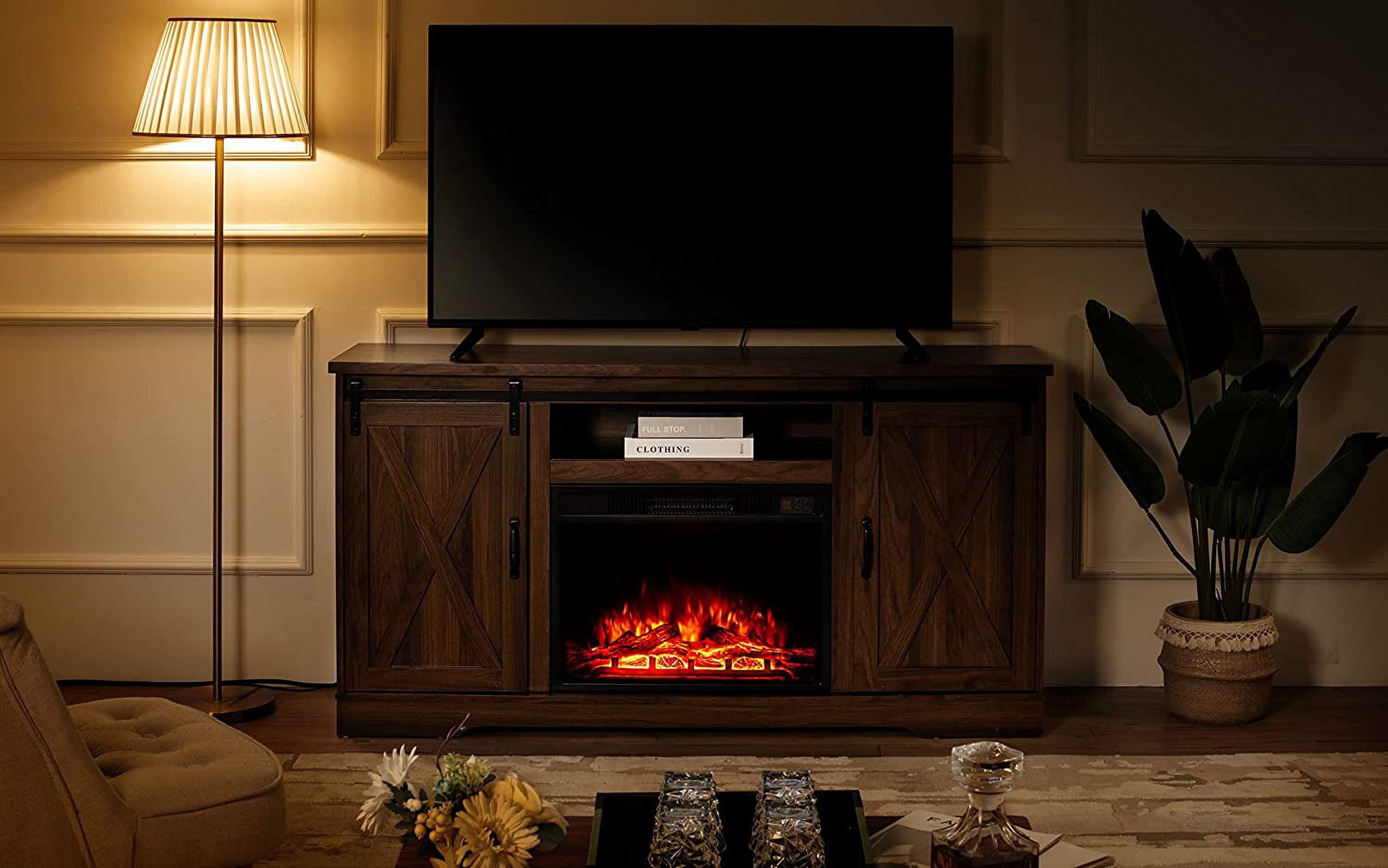 59" Farmhouse Fireplace Entertainment Center with Storage Cabinets/Adjustable Shelvesï¼Dark Walnut, TV Stand Fireplace with Sliding Barn Door for TVs up to 65"