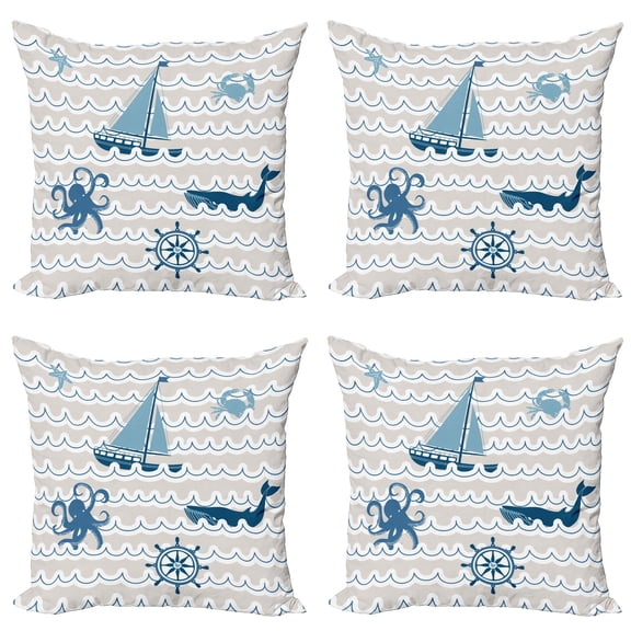 Ambesonne Cartoon Throw Pillow Cover 4 Pack, Ship Whale Waves, 18", Beige Blue White