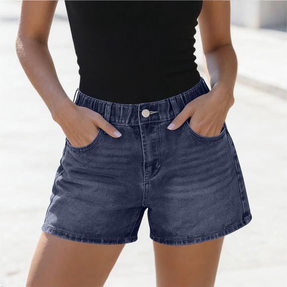 LVHAOGJOB Womens Jeans Straight Leg Stretch Short Jeans Mid Rise Lightweight Summer Solid Shorts for Women with Pockets