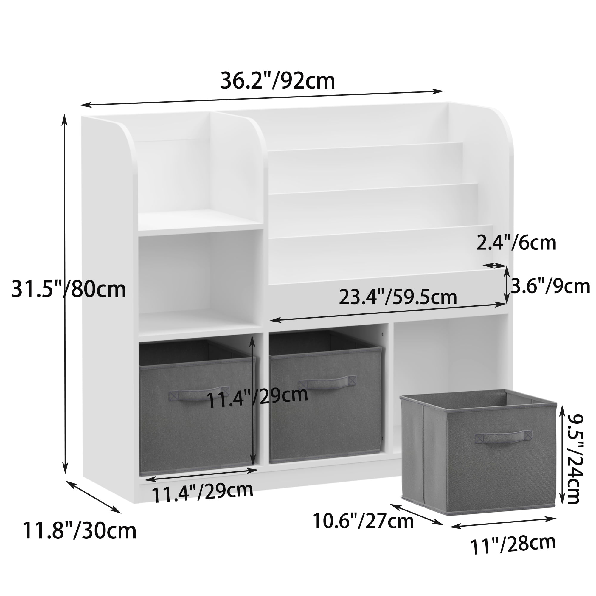 Miniyam Bookshelf with Storage Bins, Book Display, Anti-Tip for Kids, Gray