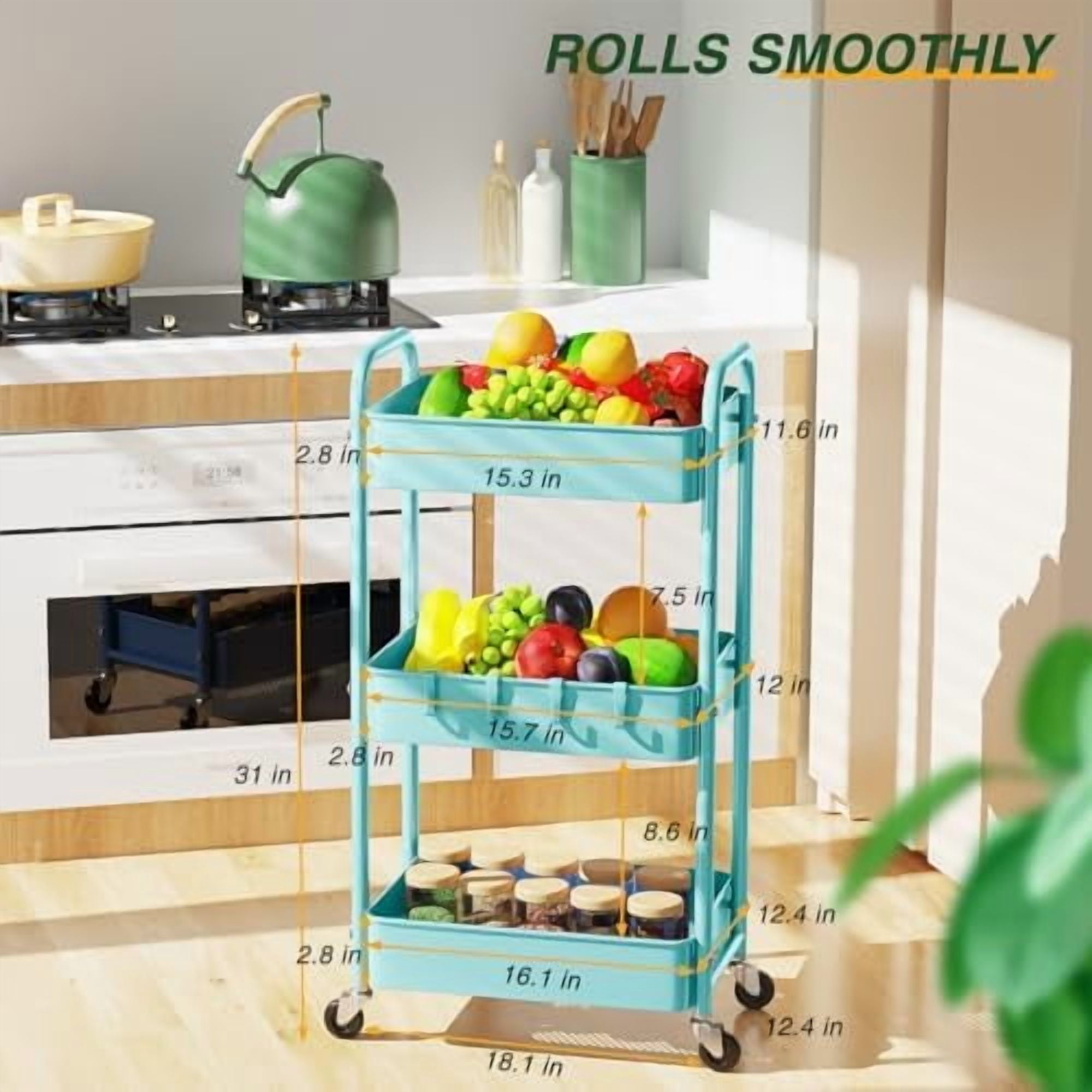 3 Tier Rolling Storage Cart, Metal Trolley Utility Cart with Wheels & Hooks, Easy Assembly Organizer Storage Cart for Bathroom Kitchen Office Bedroom Blue