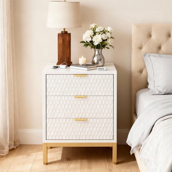 KIOOTTO 26" Pearl Alabaster Executive Nightstand – Grand-Scale 3-Drawer Gallery Table with Hexagon Honeycomb Facade and Reinforced Champagne Gold Chassis