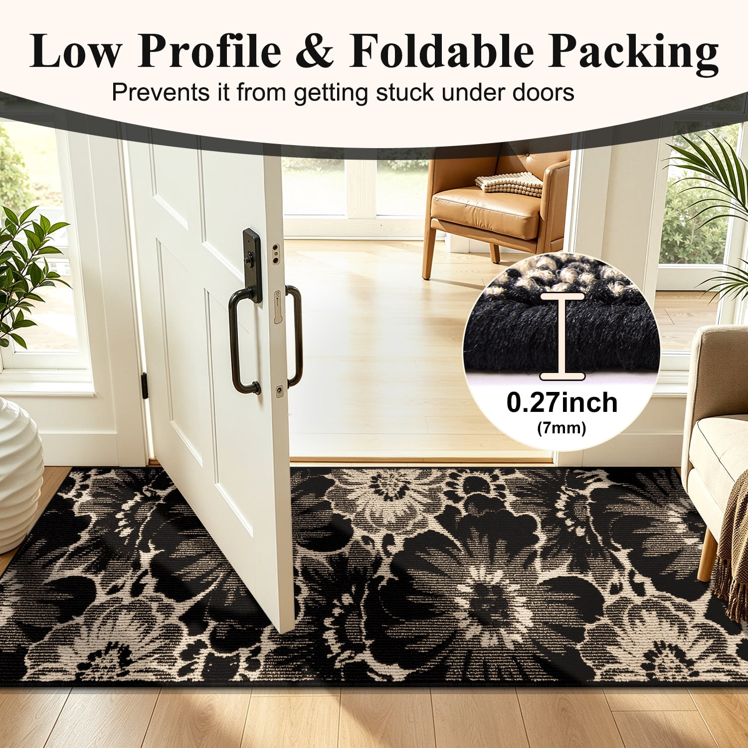 Findosom Runner Rug for Hallway 2x6 ft,Non-slip Machine Washable Runners Flower Floor Mats Low Pile Carpet Rug Runner with Rubber Backing for Entryway Doormat Bathroom Kitchen Laundry Room,Black