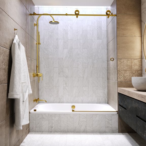 Seawin Hugo 56 - 60 x 62 inches Frameless Sliding Bathtub Door 3/8 in. (10 mm) Clear Tempered Glass with NanoShield Coating Satin Gold