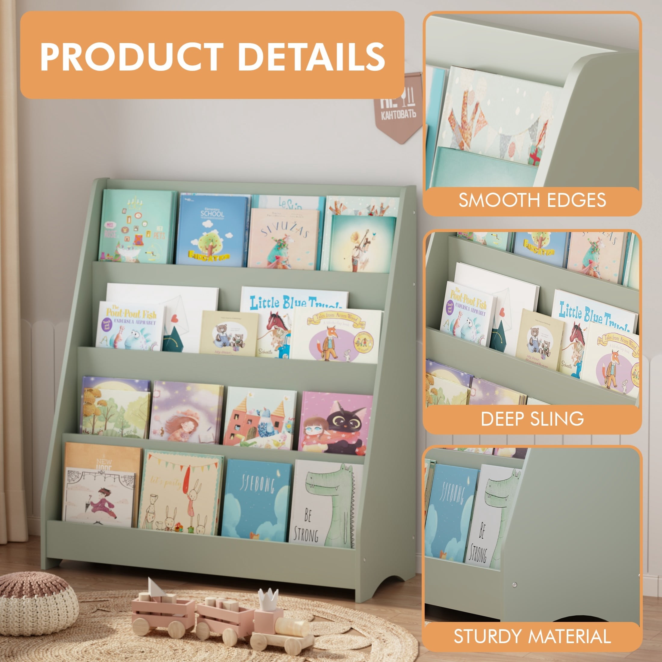 Noble House Aldo 4-Tier Kids Display Bookshelf, Wooden Toddler Book Organizer, for Kids Room, Sage